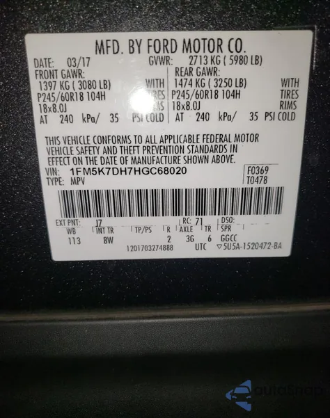 2017 Ford Explorer Xlt from USA, damaged, VIN 1FM5K7DH7HGC68020